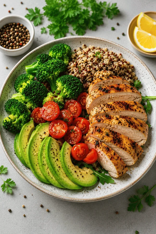 High Protein Recipes for Healthy Living High protein meal with grilled chicken, avocado, quinoa, broccoli and fresh vegetables