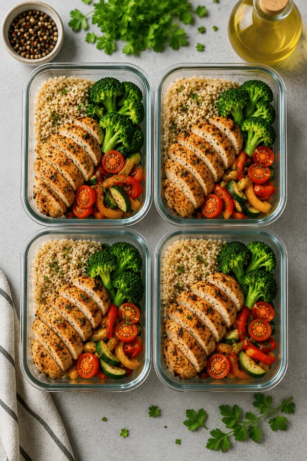 Meal Prep Recipes for Busy Weekdays Healthy meal prep containers with grilled chicken, brown rice, roasted vegetables, and fresh ingredients arranged neatly on a clean kitchen surface.