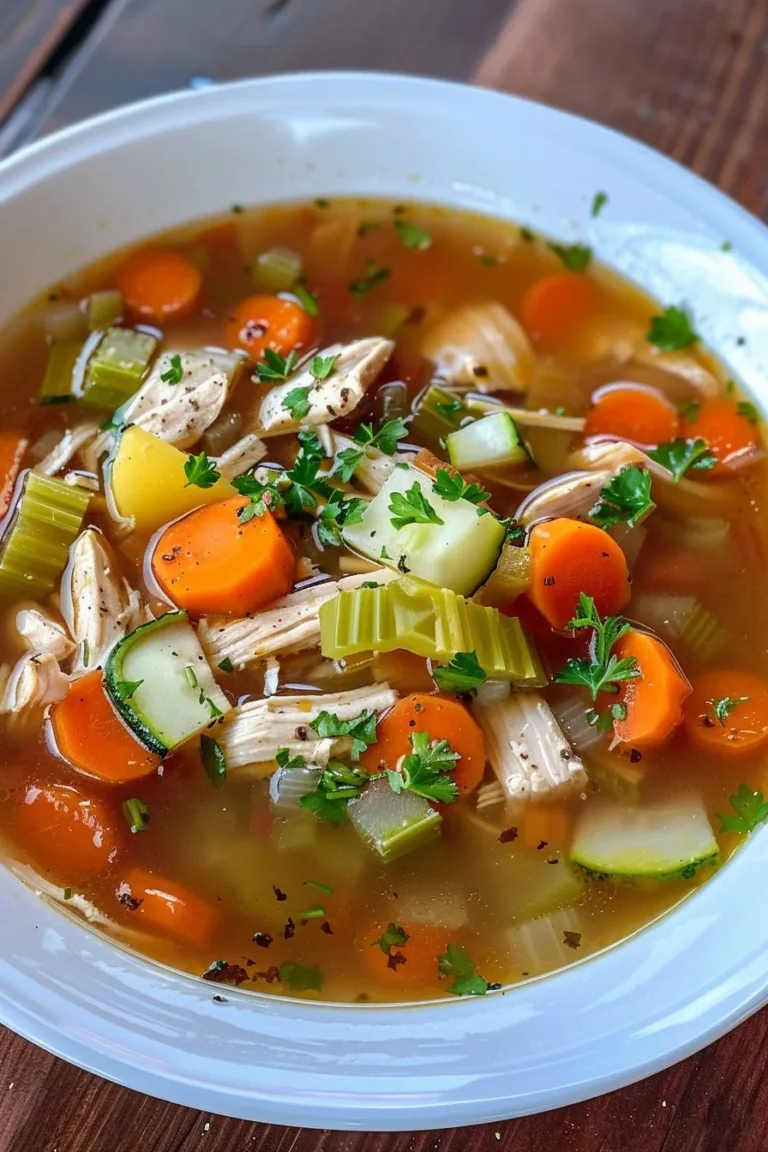 Bowl of comforting chicken vegetable soup with fresh vegetables and herbs