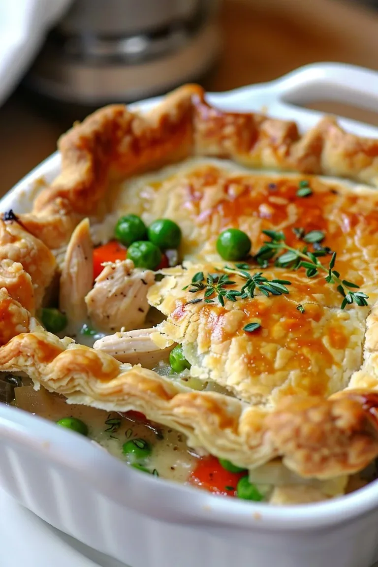 Healthy chicken pot pie filled with vegetables and tender chicken in a flaky crust.