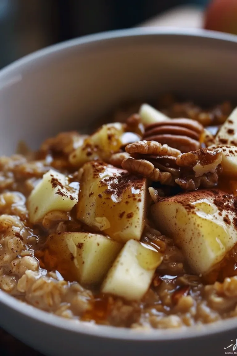 Bowl of cozy apple cinnamon oatmeal topped with fresh apples and cinnamon