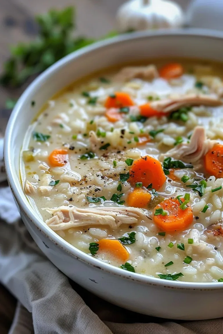 Bowl of cozy chicken rice soup topped with herbs and vegetables