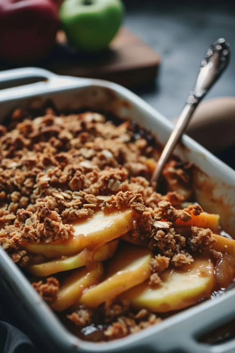 Cozy healthy apple crisp served in a bowl, topped with oats and cinnamon.