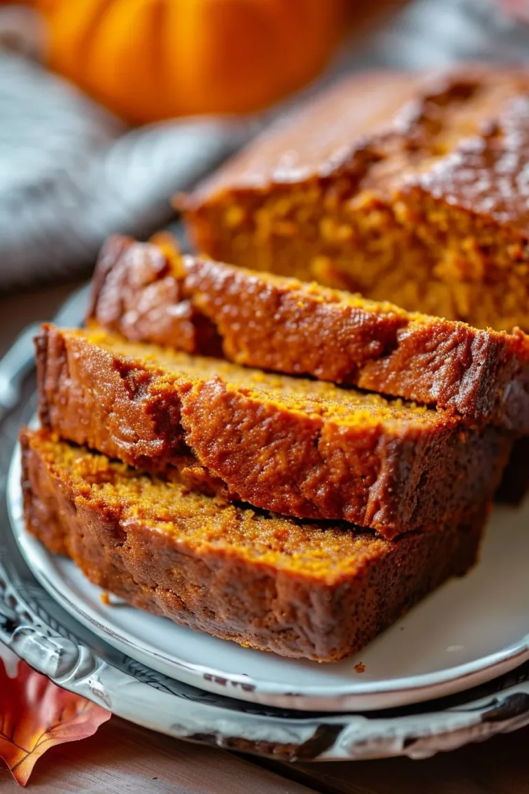 Moist and easy pumpkin bread loaf garnished with pumpkin seeds and spices