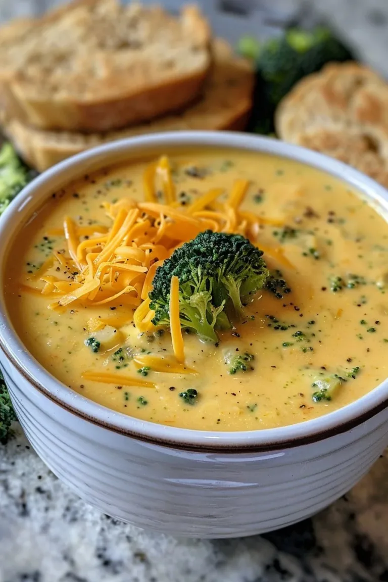 Bowl of creamy broccoli cheddar soup with fresh broccoli and cheese garnish