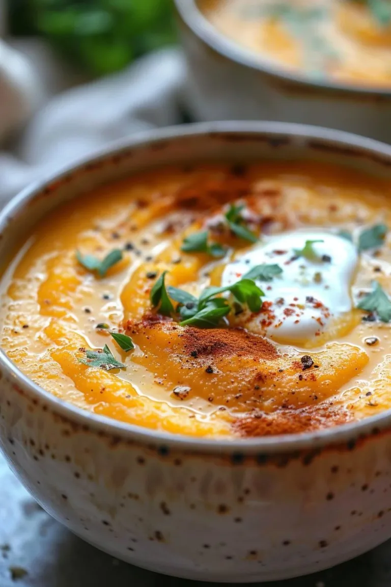 Bowl of creamy butternut squash soup garnished with spices and herbs