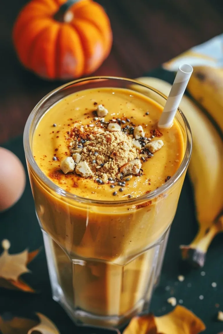 Creamy protein pumpkin smoothie served in a glass for a healthy fall breakfast
