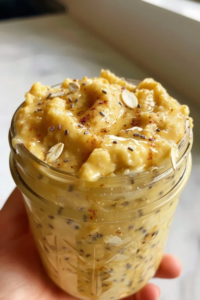 Bowl of creamy pumpkin overnight oats topped with pumpkin seeds and spices.