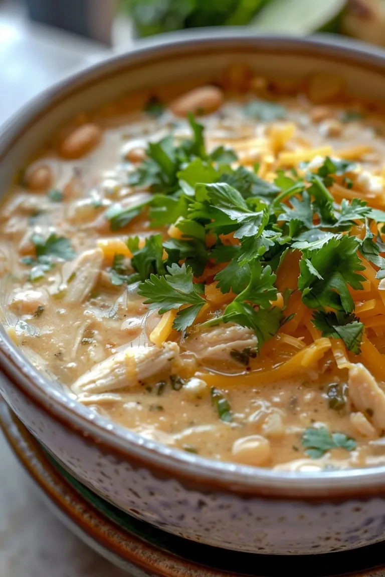 Bowl of creamy white chicken chili garnished with cilantro and served with tortilla chips