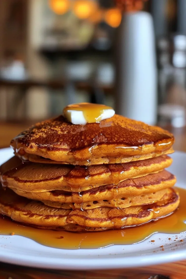 Fluffy pumpkin pancakes served with maple syrup and a sprinkle of cinnamon
