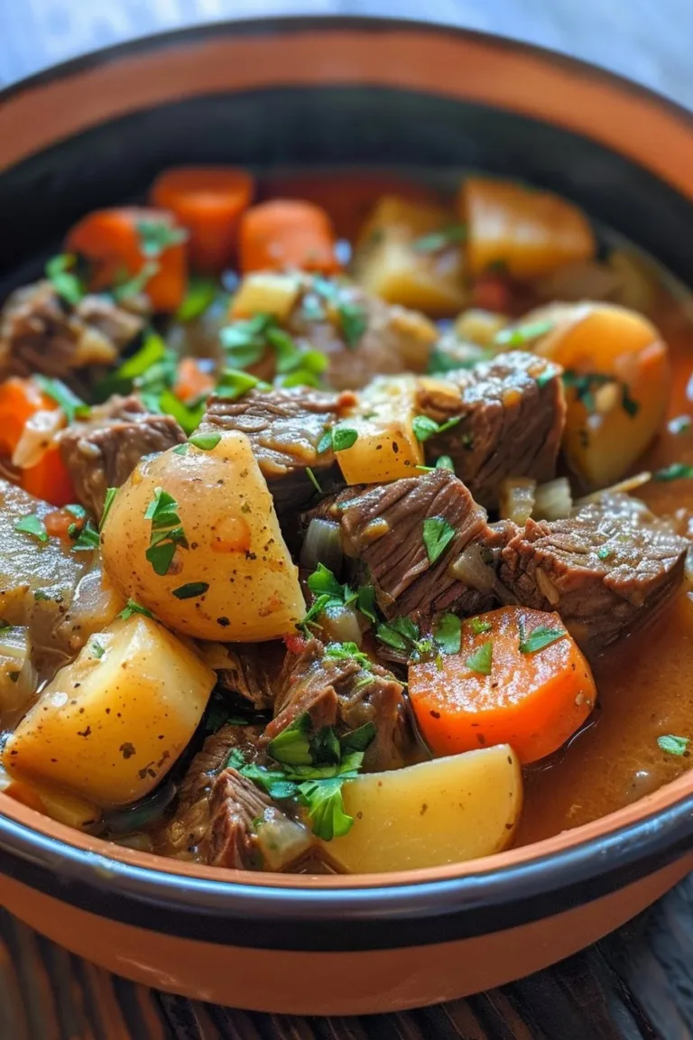Hearty healthy beef stew in a cozy one-pot meal for dinner