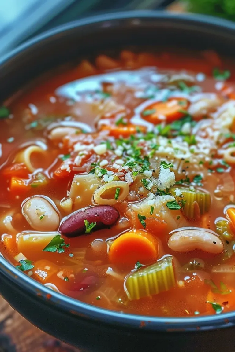A steaming bowl of hearty minestrone soup with fresh vegetables and herbs