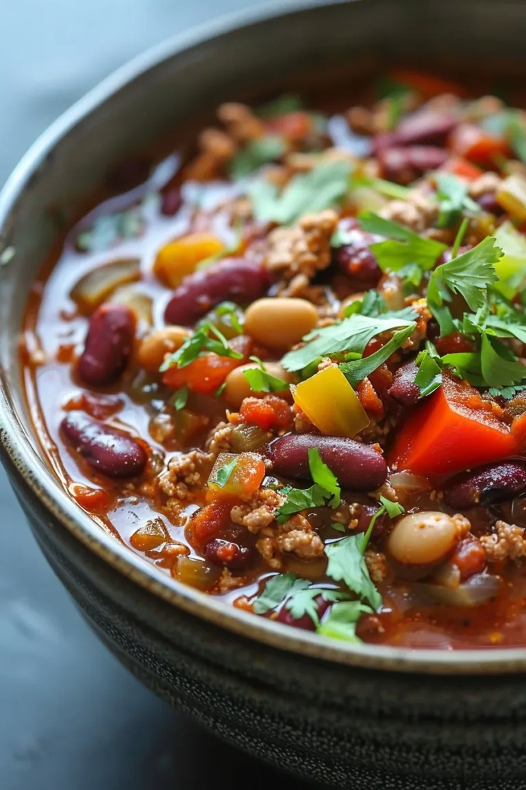 Bowl of hearty turkey chili with beans and spices, a nutritious high-protein dinner.