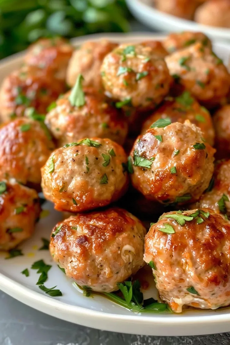Juicy turkey meatballs served on a plate with herbs and vegetables