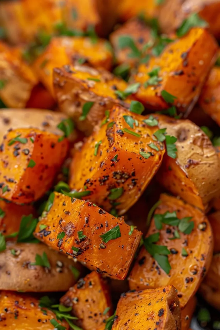 Bowl of perfect roasted sweet potatoes, crispy outside and tender inside.