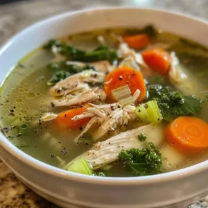 Anti-Inflammatory Chicken Soup 1 Bowl of Anti-Inflammatory Chicken Soup filled with vegetables and herbs.