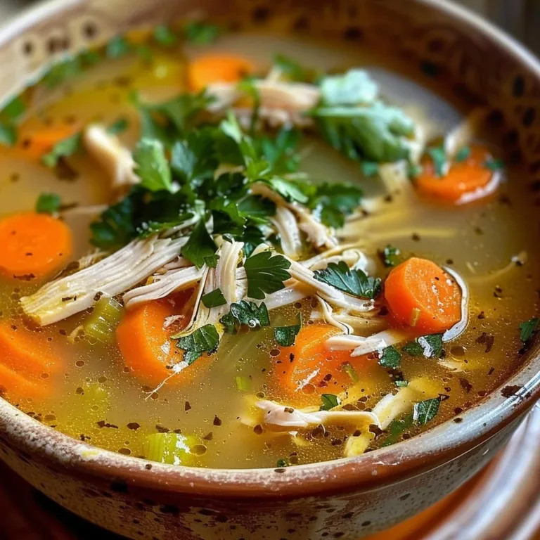 Bowl of anti-inflammatory chicken soup with fresh herbs and vegetables