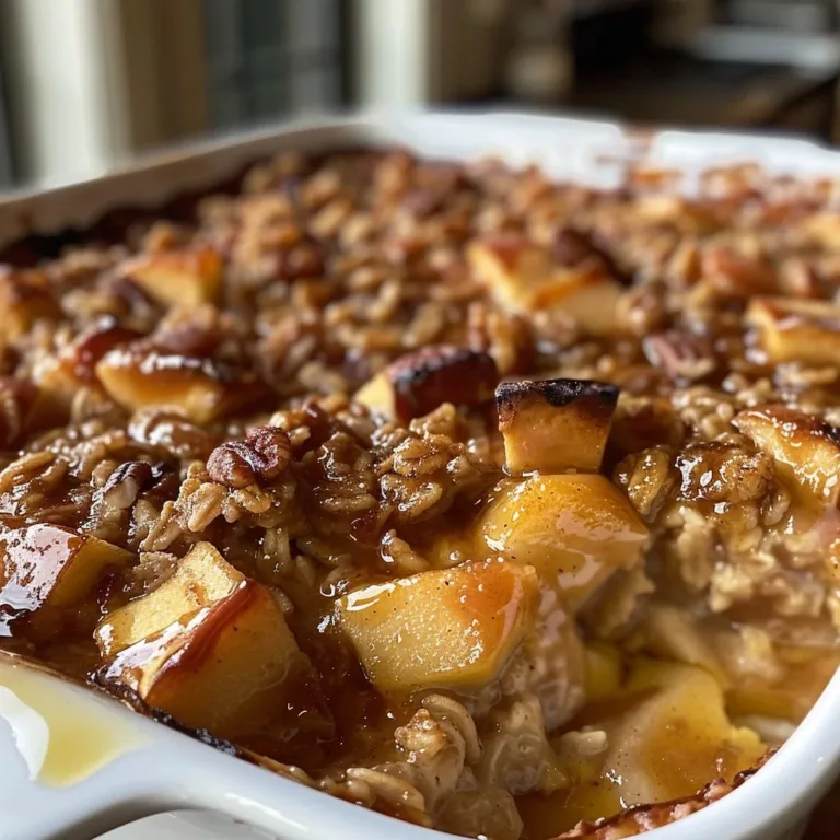 Delicious apple pie baked oatmeal served in a bowl with cinnamon and apples.