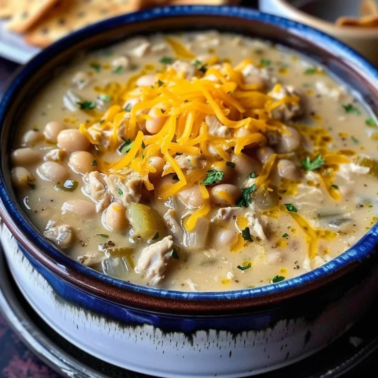 Bowl of award-winning white chili topped with fresh herbs