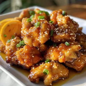 Baked Orange Chicken 1 A plate of baked orange chicken garnished with green onions and sesame seeds