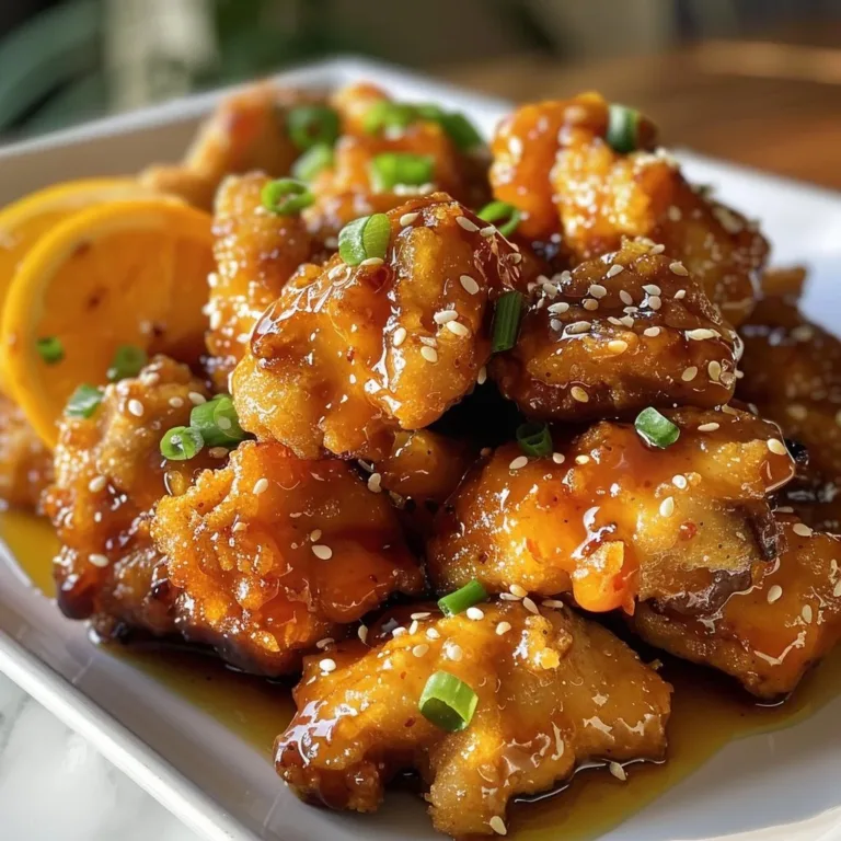 A plate of baked orange chicken garnished with green onions and sesame seeds