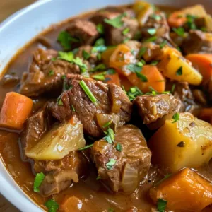 Old-Fashioned Beef Stew 1 Delicious and hearty homemade beef stew in a bowl with vegetables.