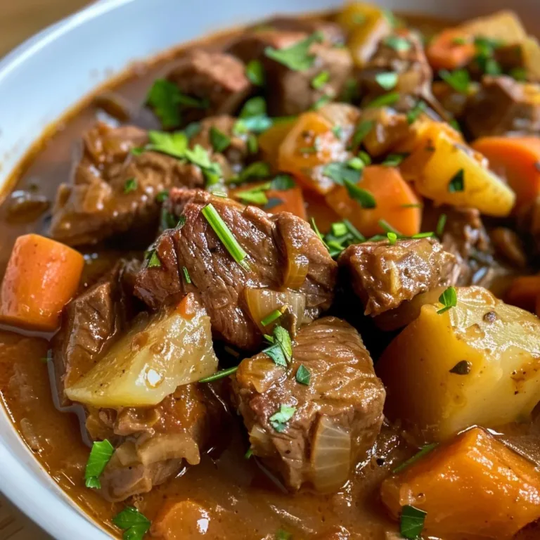 Delicious and hearty homemade beef stew in a bowl with vegetables.
