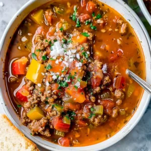 Bell Pepper Stuffed Soup Recipe 1 Bowl of Bell Pepper Stuffed Soup garnished with herbs