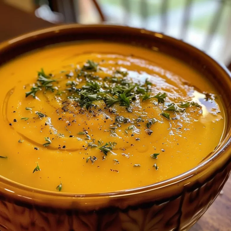 Bowl of creamy butternut squash soup garnished with herbs and spices