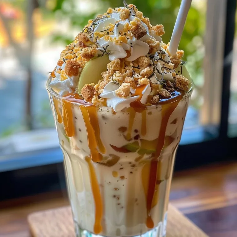 Delicious caramel apple smoothie in a glass with apple slices and caramel drizzle