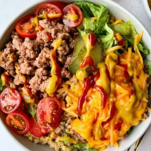 Cheeseburger Bowl Recipe 1 Delicious cheeseburger bowl topped with fresh ingredients and served in a bowl.