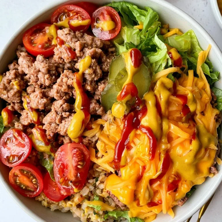Delicious cheeseburger bowl topped with fresh ingredients and served in a bowl.