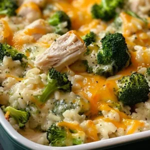 Cheesy Chicken and Rice Casserole with Broccoli 1 Cheesy chicken and rice casserole with broccoli in a baking dish
