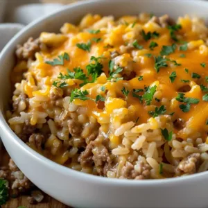 Cheesy Ground Beef and Rice Casserole Recipe 1 Cheesy Ground Beef and Rice Casserole served in a baking dish
