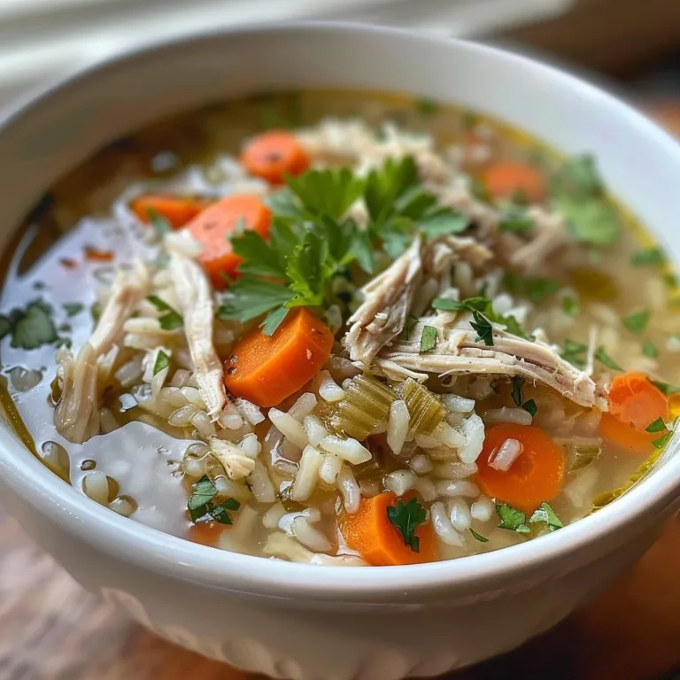 Bowl of homemade chicken rice soup with vegetables and herbs