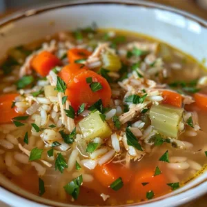 Chicken and Rice Soup Recipe 1 Bowl of homemade Chicken Rice Soup with fresh vegetables and herbs