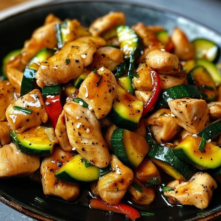 Colorful chicken zucchini stir fry in a skillet with vibrant vegetables