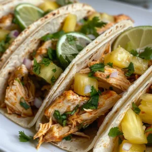 Chipotle Chicken Pineapple Tacos 1 Chipotle chicken pineapple tacos served on a plate with fresh toppings.