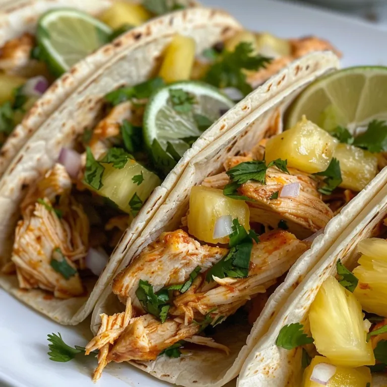 Chipotle chicken pineapple tacos served on a plate with fresh toppings.