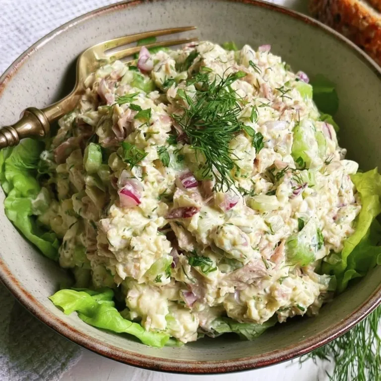 Bowl of Cottage Cheese Tuna Salad with fresh veggies and herbs