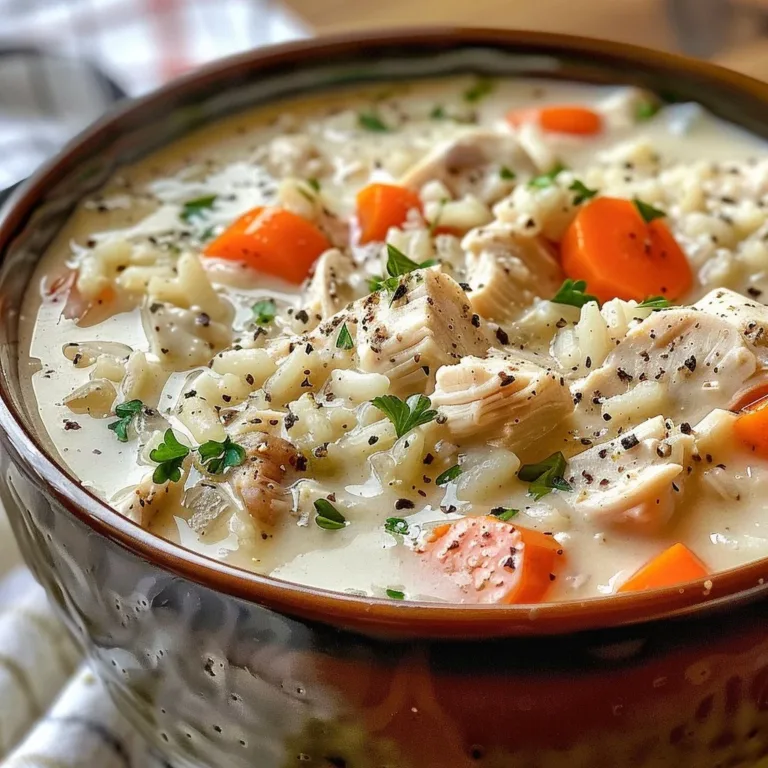 Bowl of creamy chicken and rice soup with fresh herbs and vegetables