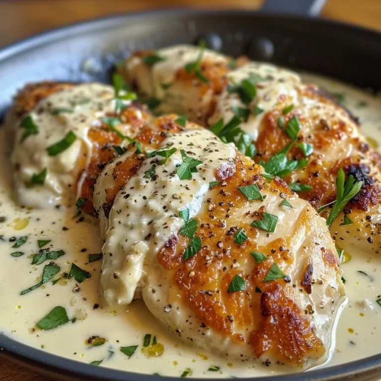 Creamy garlic parmesan chicken served with herbs on a plate