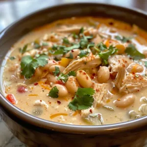 Creamy White Chicken Chili Recipe 1 Bowl of creamy white chicken chili topped with cilantro and served with tortilla chips.