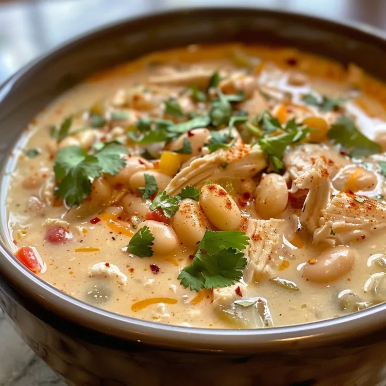 Bowl of creamy white chicken chili topped with cilantro and served with tortilla chips.