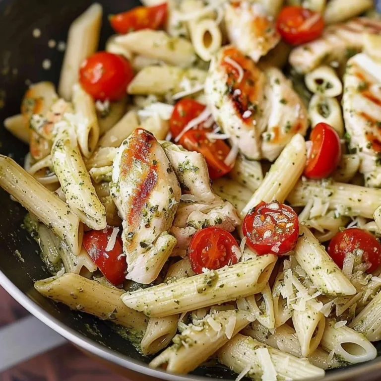 A plate of easy pesto chicken pasta served with fresh basil and grated parmesan.