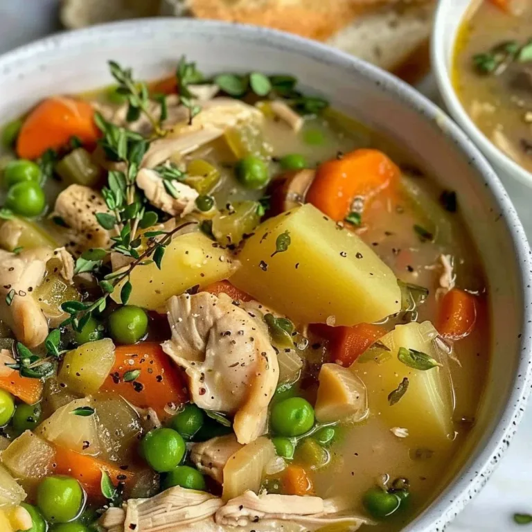 Bowl of easy slow cooker chicken stew with vegetables and herbs