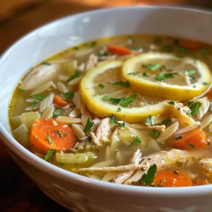 Greek Lemon Chicken Soup Recipe 1 Bowl of Greek Lemon Chicken Soup with lemon slices and fresh herbs