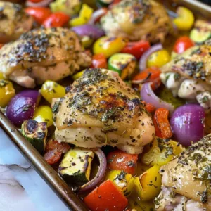 Greek Sheet Pan Chicken 1 Greek sheet pan chicken with vegetables and herbs on a baking tray
