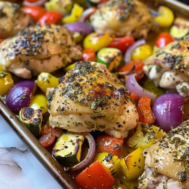 Greek sheet pan chicken with vegetables and herbs on a baking tray