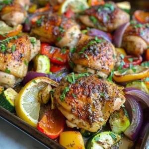 Greek Sheet Pan Chicken Recipe 1 Colorful Greek sheet pan chicken with vegetables ready to serve.